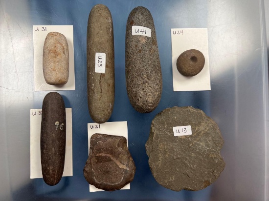 Lot of Stone Tools- Pestles, Pot Lid, Hoe, Knapping Stone, Found in New York, Longest 6 1/2"