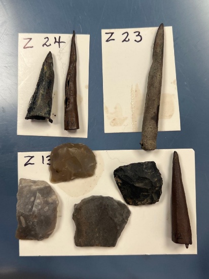 Lot of Brass Conical Trade Points and Gun Flints, Longest 2 1/2" Found in New York