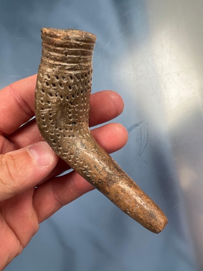 4 1/4" Pre Iroquoian Owasco Clay Pipe, Flattened Bowl w/Punctuate Design, Rochester Junction Site,