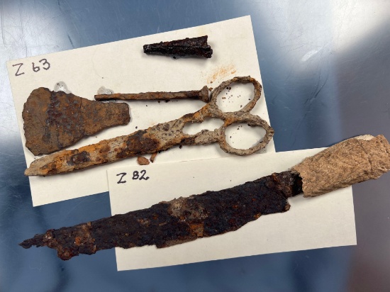 Lot of Rare Trade Artifacts, Bone Handled Knife, Scissors, Scrapers, Conicals, Found in New York