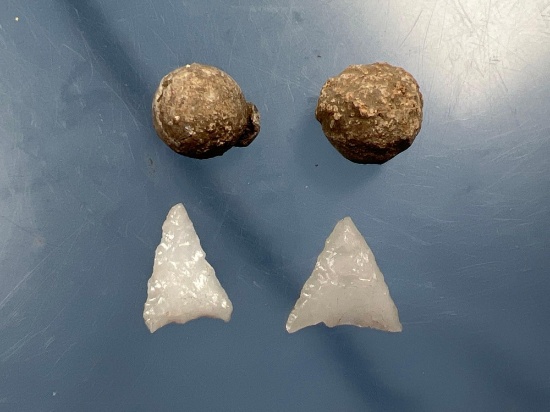 Pair of Fine Quartz Iroquoian Triangles + 2 Lead Musket Balls w/Nipple, Ex: Summers
