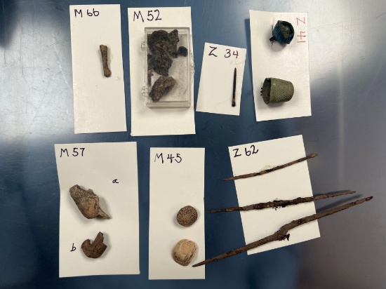 Lot of Metal and Bone Trade Artifacts, Awls, Needles, Hawk Bell, Thimble, Wooden Hook Found in New Y