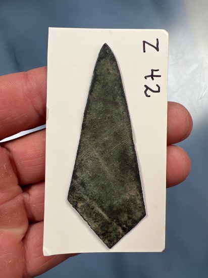 Large 2 7/8" Cut Brass Point/Arrowhead, Iroquoian Trade Point, Found in New York