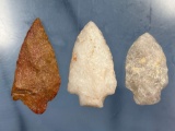 Lot of x3 Quartzite + Quartz Arrowheads, Archaic Points, Found in Virginia, Longest 2 5/8