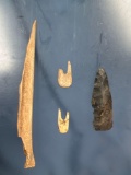 x2 Bone Fishooks, Awl, Triangular Arrowhead, Found in Smyth Co., Virginia, Longest 4 1/8