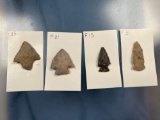 Lot of 4 Arrowheads, Found in New York State, Nice Condition, Longest 1 7/8