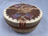 RARE Birch Bark Box, Porcupine Quill, Penobscot Circa 1920s, Grass Rim, American Flag Design, 8