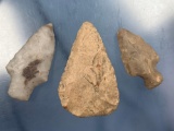 Lot of 3 Adena-Related Arrowheads, Blade, Central States, Longest 3 1/16