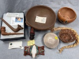Lot of Various Native American Tourist Trade Pieces, Arrowheads, Wooden Pipes, Bowls, Etc