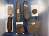Lot of Stone Tools- Pestles, Pot Lid, Hoe, Knapping Stone, Found in New York, Longest 6 1/2