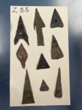 Lot of 9 Quality Cut Brass Arrowheads, Triangles, Stemmed, Found in Munnsville, New YorK