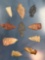 Lot of 10 Central States Arrowheads, Turkeytail, Stemmed, Colorful Points, Longest 2 3/8