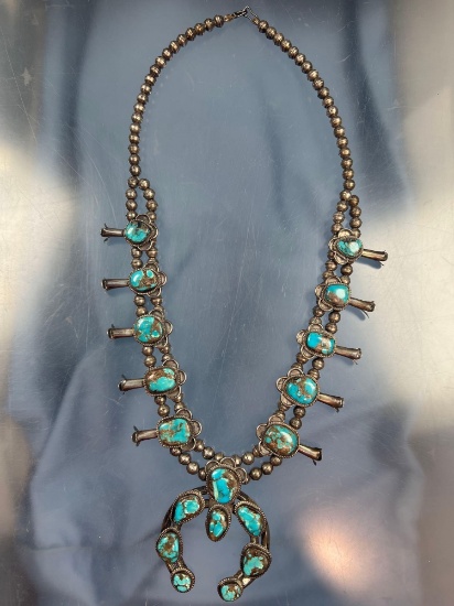16" Silver and Turquoise Squash Blossom Necklace, Well-Made