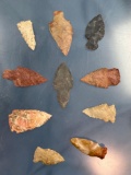 Lot of 10 Central States Arrowheads, Turkeytail, Stemmed, Colorful Points, Longest 2 3/8