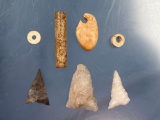 Drilled Elk Tooth, Bone Beads, Triangle Points, Found on Washington Boro Village Site, Ex: Henry