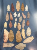 Lot of 28 Quartz and Quartzite Arrowheads, Blades, Found in Harford Co., Maryland, Longest 3 3/8