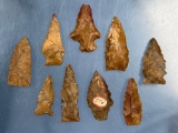 x9 NICE Jasper Arrowheads, Points, Perk Drill, Fishtails, Monroe Co., PA, Longest is 2 1/16