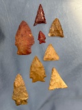 Lot of 8 Fine Jasper Points, Heat-Treated, Found in Pennsylvania, Longest is 2