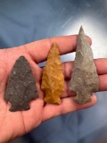 Lot of 3 Nice Archaic Stem Points, Quartzite, Jasper, Argillite, Longest is 3 1/4