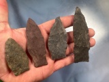 Lot of 4 Fox Creek Points, Argillite+Rhyolite, Found in Pennsylvania, Longest 3 9/16