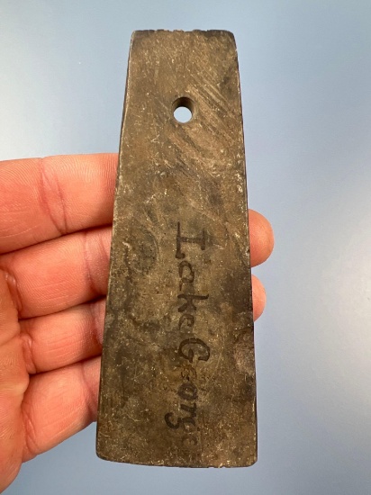 4 5/16" Banded Slate Trapezoidal Pendant, Found near Lake George in Camden Co., NJ. Incised
