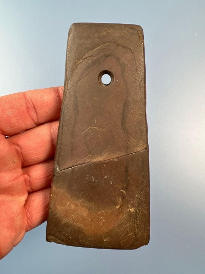 5" Broken + Reglued Red Banded Slate Pendant Found in New York, Incising Noted