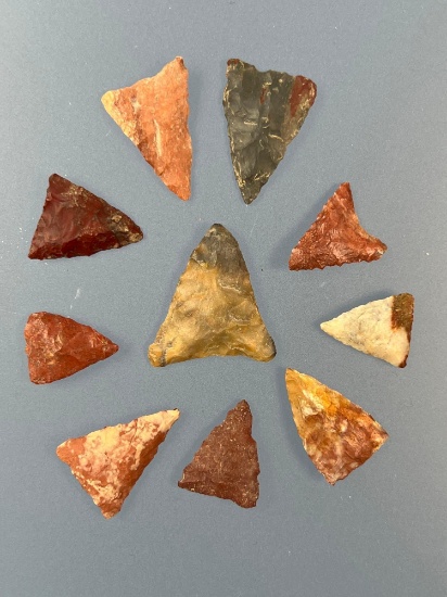 Lot of 10 Cobble Jasper/Chert Triangle Points, Found in New York, Longest 2 1/4" Purchased from Rich