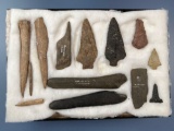 Frame of 13 Various Artifacts, Found in Mass. Perkiomens, Pendant, Unique Tools, Bone Awls Ex: Manle