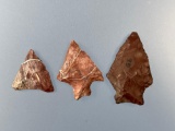 Nice Lot of x3 Heat Treated Red Jasper Points, Bifurcate, Triangle, Broadpoing, Found in PA, Nice Pi