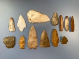 Lot of 13 Various Arrowheads, Tools, Scrapers, Celt Bit, From Central States, US, Longest is 3