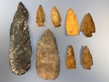 Lot of 8 Various Jasper Arrowheads and Blades, Found in PA, Longest Piece is 5 3/4