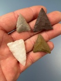 Lot of 4 NICE Triangle Points, Jasper, Chalcedony, Jasper, Found in New York, Longest 1 3/8