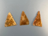 Lot of 3 Colofrul Jasper Triangle Points, Found in Southeast Pennsylvania, Longest is 1 3/8
