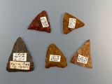 Lot of 5 Triangle Points, Chert, Jasper, Found in PA and NJ, Longest is 1 1/2