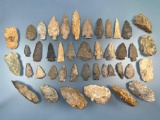 Large lot of 43 Arrowheads, Blades found in Tennessee, Great Selection of Points, Longest is 4 1/4