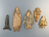 Lot of 5 Arrowheads/Drill Found in Giles Co., Tennessee, Great Examples, Longest is 3 1/8