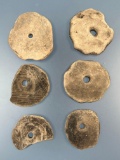 Lot of 6 Perforated Pottery Circles, w/engraved designs, Found in Florida, Longest is 2 1/2