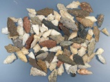 Lot of 100 Nice Arrowheads, Quartz, Rhyolite, Quartizite, Longest is 2 3/8