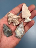 Lot of 4 Colorful Points, Arrowheads, From the Midwestern US, Longest is 2 1/8