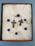 Various Blue + White Beads and Brass Crosses, From a collection of beads, Typical styles of the Paci