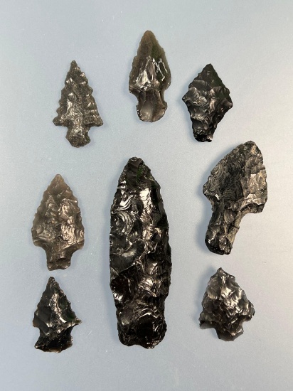 Lot of 8 Obsidian Points, Found near the Columbia River, Ex: Barry George, Longest is 2 1/2"