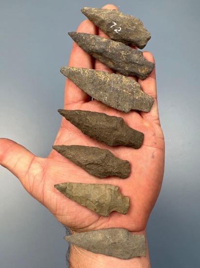 Lot of 7 Archaic Stem Points, Mainly Argillite, Longest is 3 1/8", Found in Zaner, PA, Columbia Coun