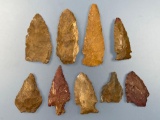 Lot of 9 Nice Jasper Arrowheads, Some Heat Treated, Found in PA and NJ, Great examples and Variety o