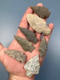 Lot of 7 Nice Arrowheads, Points, Found on Island Near Harrisburg, Dauphin Co., PA, Longest is 2 3/4