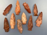 Lot of 9 Red and Pink Chert/Jasper Arrowheads, Found in Mississippi/Alabama, Longest is 2 5/16