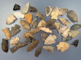 Lot of 40 Various Chert, Flint Arrowheads, From the Central States Region, Longest is 2 1/4