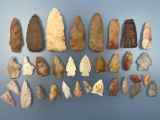 Lot of 33 Various Arrowheads, Blades, Tools, Found in Southeastern US Region, Longest is 3 7/8