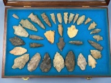 Large Wooden Case/Frame, East Coast Found Arrowheads, Artifacts, Longest is 3 1/2