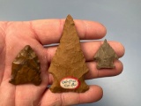 Lot of 3 NICE Jasper Points, Found on Three Mile Island in Dauphin Co., PA, Longest is 2 5/8