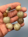 RARE Strand 7 Larger Wire-Wound Opalecsent Beads, Amber Faceted, Blue Tube Bead, Iroquoian Trade, Li